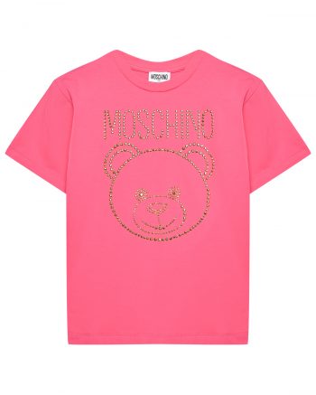 Футболка с лого из золотых заклепок, фуксия Moschino