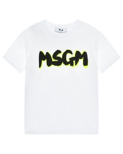 Футболка с неоновой окантовкой и принтом, белая MSGM